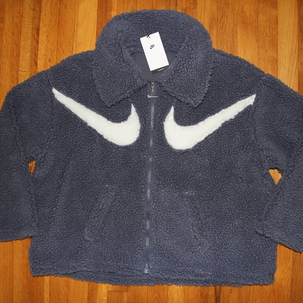 Nike Sportswear Swoosh Full Zip Sherpa Fleece Jacket Womens L Thunder Blue